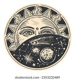 Sun and stars in space. Astrology concept. Vector illustration in vintage engraving style