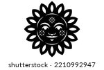 Sun stencil for paper cut. Silhouette of sun with human face, ornament, rays. Round shape with eyes, nose, lips and abstract flowers. Best for greeting card, decor, fabric. Folk vector illustration.
