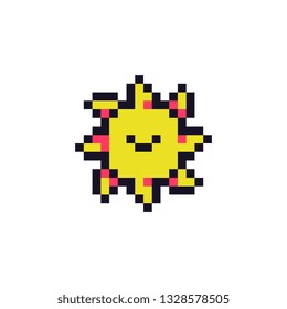 Sun sticker pixel art icon. Design for logo, web, mobile app, badges and patches. Video game sprite. 8-bit. Isolated vector illustration.  