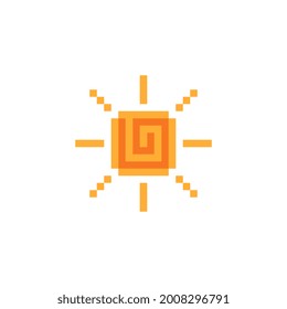 Sun Sticker Pixel Art Icon. Design For Logo, Web, Mobile App, Badges And Patches. Video Game Sprite. 8-bit. Isolated Vector Illustration.  