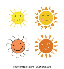Sun sticker with a round shape and yellow and red color. Sun with a smiling face and cool sunglasses. Sunray coming out from sun vector design. Sun vector social media sticker collection.
