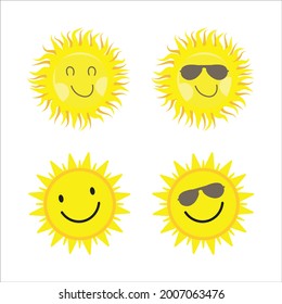 Sun sticker with a round shape and yellow color. Cute sun with smiling face and cool sunglasses. Yellow sunray coming out from sun vector design. Sun vector social media sticker collection.