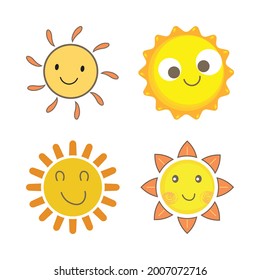 Sun sticker with a round shape and yellow, orange color. Cute sun with smiling face. Orange color sunray coming out from sun vector design. Sun vector social media sticker collection.