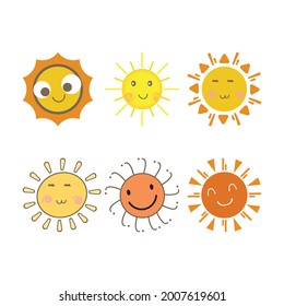 Sun sticker with a round shape and yellow and red color. Cute sun with smiling face and cool eyes. Sunray coming out from sun vector design. 6 Sun vector social media sticker collection.