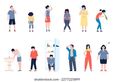 Sun stroke and dehydration after exercise. Adults heat strokes symptoms, sunny summer hot. High temperature, heated flat recent vector characters - Shutterstock ID 2277225899