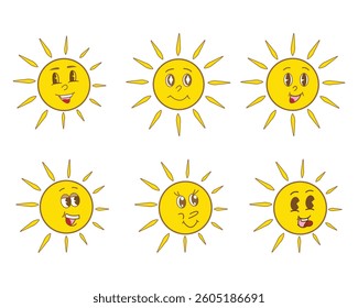 Sun in style groovy, summer holiday, sun raising, groovy faces, retro, vintage style. 