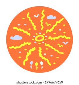 Die Sonne ist stylisiert. Vögel, Wolken, Blumen. orangefarbener Hintergrund. Flache Vektorgrafik.