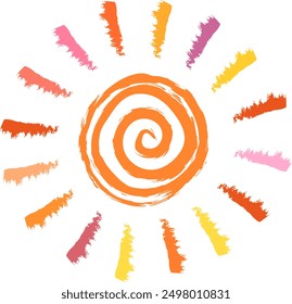 Sun stylized as a child's drawing. Doodles in childish girly style. Bright sun with rays