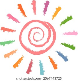 Sun stylized as a child's drawing. Doodles in childish girly style. Bright sun with rays