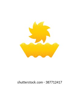 Sun with stylized rays and waves isolated on white background. Sea resort logo template