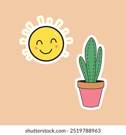 Sun and Succulent Vector Sticker Set. Minimalist Nature-Themed Stickers