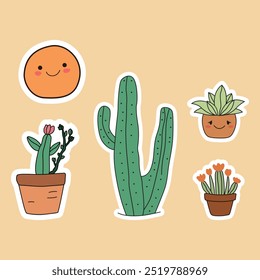 Sun and Succulent Vector Sticker Set. Minimalist Nature-Themed Stickers