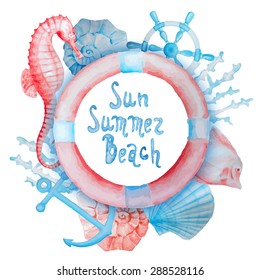 Sun, summer, beach illustration. Watercolor marine frame. Round frame with isolated hand painted watercolor sea objects: sea shells, sea horse, lifebuoy ring, anchor,corals, fish. 