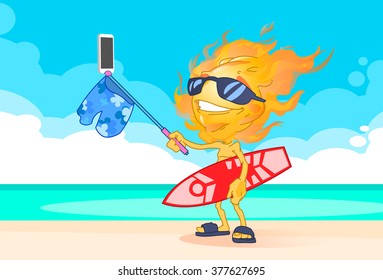Sun Summer Boy Fire Head Taking Selfie Smart Phone Stick Hold Surfboard On Beach Vector Illustration