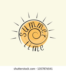 Sun. Summer label, logo, hand drawn tag for travel, beach vacation. Inscription summer time. Vector illustration