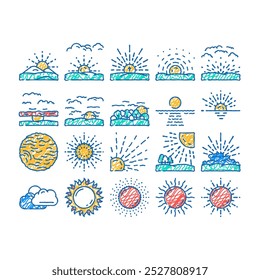 Sonne Sommer Sonnenlicht Licht doodle Symbole setzen Vektor. Skizze Linie Kunst Sonnenschein Element, Sonnenaufgang Wetter, sonnige Hitze, heiß hell, glänzen warm, Natur Sonne Sommer Sonnenlicht Farbe Illustrationen