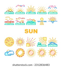 sun summer sunlight light icons set vector. sunshine element, sunrise weather, sunny heat, hot bright, shine warm, nature sun summer sunlight light color line illustrations