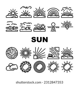 sun summer sunlight light icons set vector. sunshine element, sunrise weather, sunny heat, hot bright, shine warm, nature sun summer sunlight light black contour illustrations