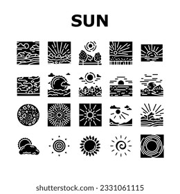 sun summer sunlight light icons set vector. sunshine element, sunrise weather, sunny heat, bright hot, shine circle sunbeam sun summer sunlight light glyph pictogram Illustrations