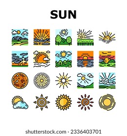 sun summer sunlight light icons set vector. sunshine element, sunrise weather, sunny heat, bright hot, shine circle sunbeam sun summer sunlight light color line illustrations