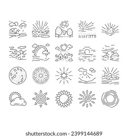 sun summer sunlight light icons set vector. sunshine element, sunrise weather, sunny heat, bright hot, shine circle sunbeam sun summer sunlight light black contour illustrations