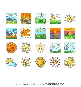 sun summer sunlight light icons set vector. sunshine element, sunrise weather, sunny heat, bright hot, shine circle sunbeam sun summer sunlight light color line illustrations