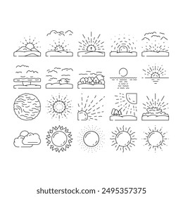 sol verano luz del sol iconos de luz del sol Vector. elemento del sol, Clima de la salida del sol, calor soleado, caliente brillante, brillo cálido, luz del sol del verano de la naturaleza luz del sol negro contorno ilustraciones