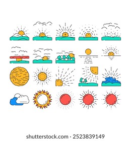 Sonne Sommer Sonnenlicht Licht Icons Set Vektor. Sonnenscheinelement, Sonnenaufgangswetter, sonnige Hitze, heiß hell, glänzend warm, Natur Sonne Sommer Sonnenlicht Lichtfarbe Kontur Illustrationen