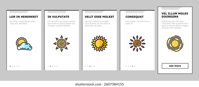 sun summer sunlight light onboarding mobile vector. sunshine element, sunrise weather, sunny heat, bright hot, shine circle sunbeam sun summer sunlight light Illustrations
