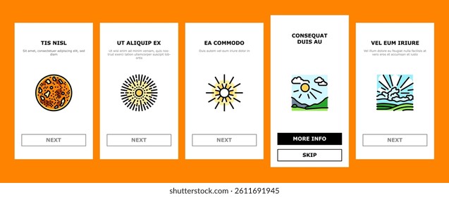 sun summer sunlight light onboarding mobile vector. sunshine element, sunrise weather, sunny heat, bright hot, shine circle sunbeam sun summer sunlight light Illustrations