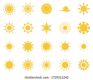 sun. Summer time icon set. Set of yellow icons of the sun, isolated on white background
