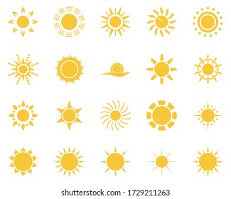 sun. Summer time icon set. Set of yellow icons of the sun, isolated on white background