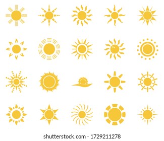 sol. Juego de iconos de verano. Conjunto de iconos amarillos del sol, aislados en fondo blanco