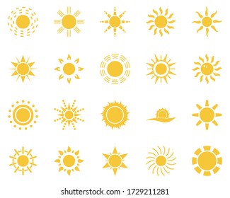 sol. Juego de iconos de verano. Conjunto de iconos amarillos del sol, aislados en fondo blanco
