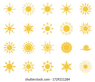 sun. Summer time icon set. Set of yellow icons of the sun, isolated on white background