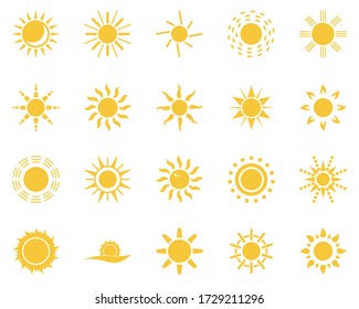 sun. Summer time icon set. Set of yellow icons of the sun, isolated on white background