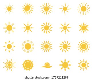 sun. Summer time icon set. Set of yellow icons of the sun, isolated on white background