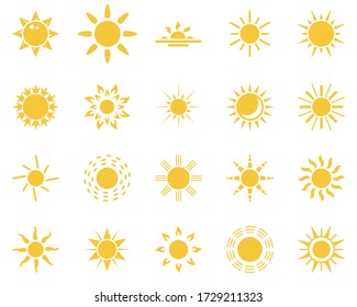sun. Summer time icon set. Set of yellow icons of the sun, isolated on white background