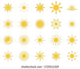 sun. Summer time icon set. Set of yellow icons of the sun, isolated on white background