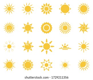 sun. Summer time icon set. Set of yellow icons of the sun, isolated on white background