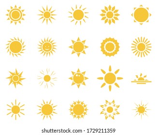 sol. Juego de iconos de verano. Conjunto de iconos amarillos del sol, aislados en fondo blanco