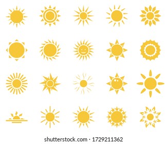 sun. Summer time icon set. Set of yellow icons of the sun, isolated on white background