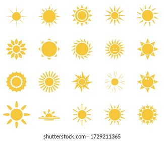 sun. Summer time icon set. Set of yellow icons of the sun, isolated on white background