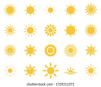 sol. Juego de iconos de verano. Conjunto de iconos amarillos del sol, aislados en fondo blanco