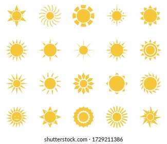 sun. Summer time icon set. Set of yellow icons of the sun, isolated on white background