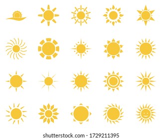 sun. Summer time icon set. Set of yellow icons of the sun, isolated on white background