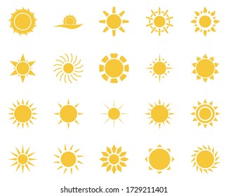 sun. Summer time icon set. Set of yellow icons of the sun, isolated on white background