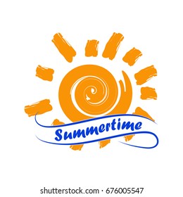 Sun with summertime lettering on ribbon. Isolated on white background. Vector illustration.