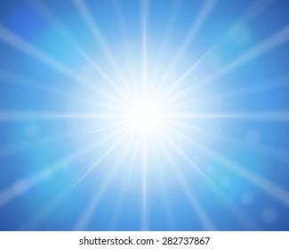 Sun with sunbeam on a blue sky. Vector illustration.