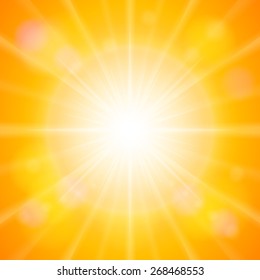 Sun with sunbeam on a orange sky. Vector illustration.